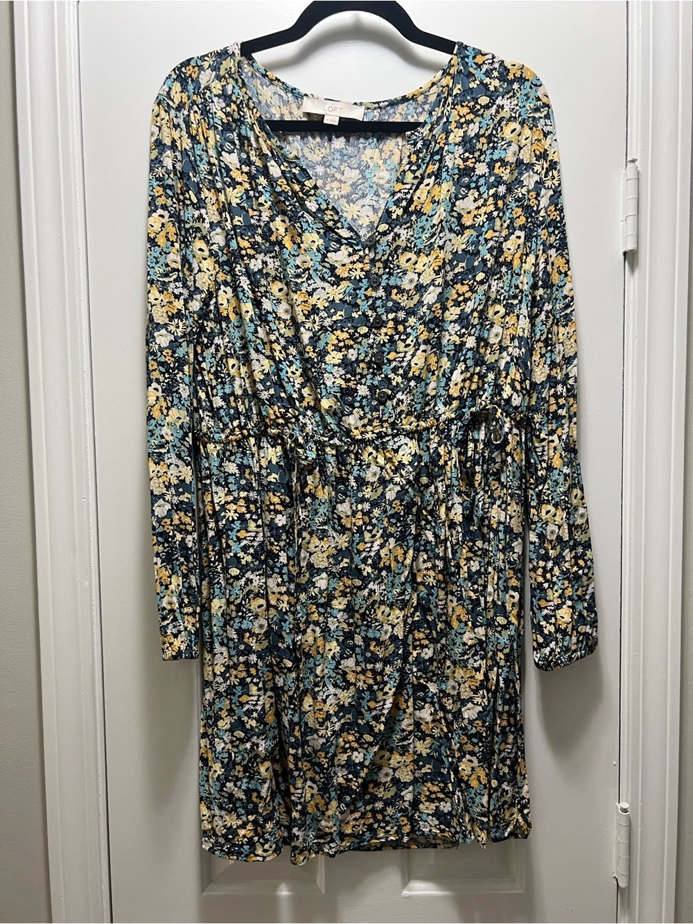 LOFT Blue and Yellow Floral Long Sleeve Lightweight Dress Size Medium